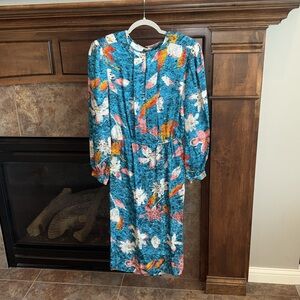 Vintage 100% silk long sleeve dress turquoise leaf floral print size 8 small